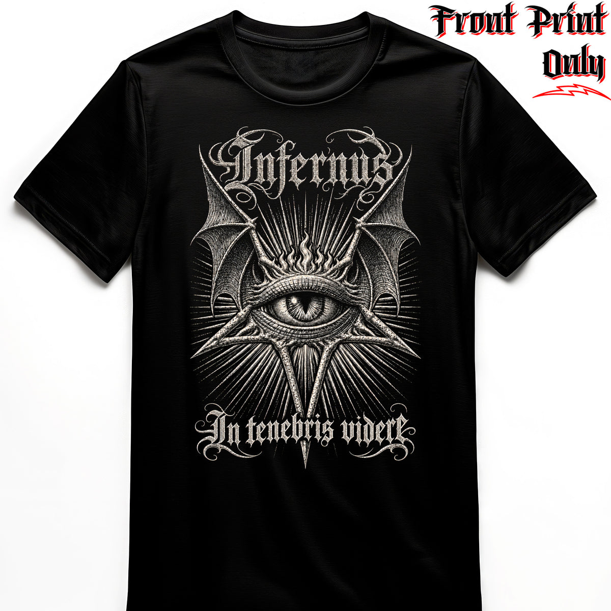 "Seeing in Darkness" FRONT-sided Infernus Premium Horror T-shirt